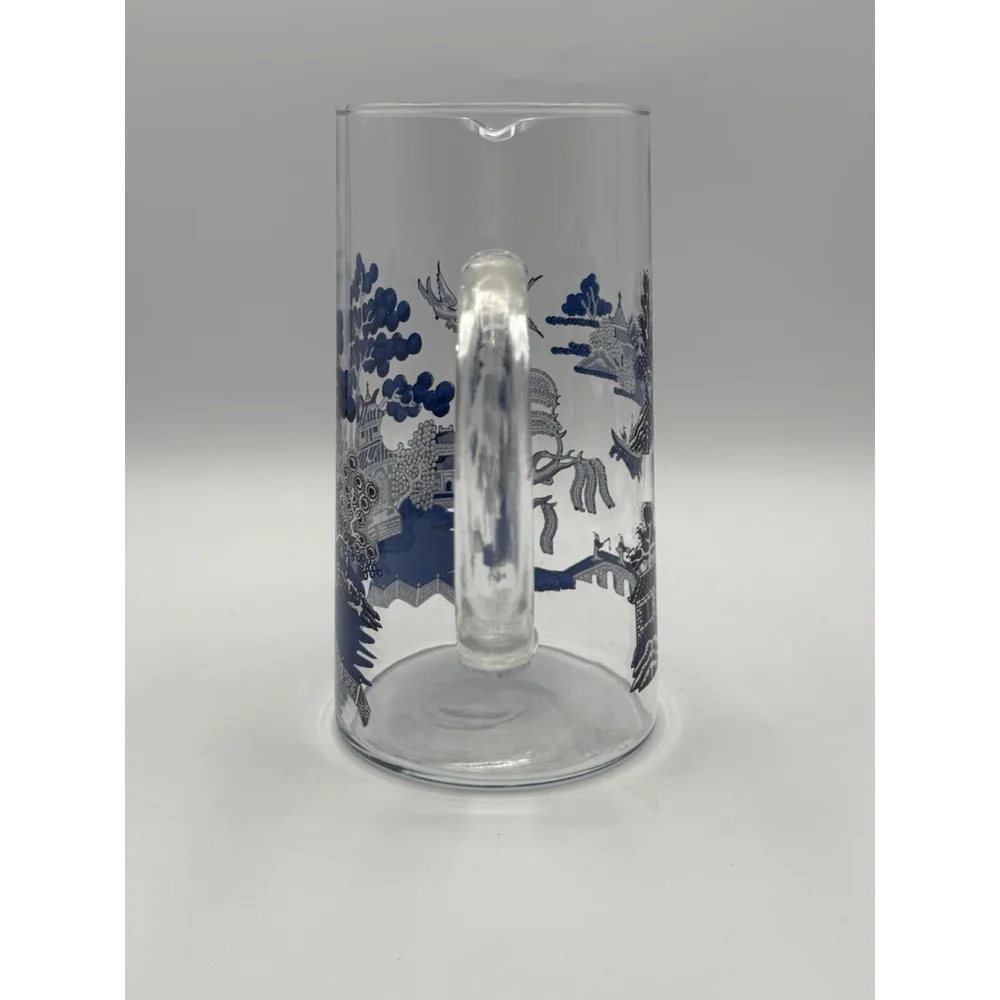 Vintage Glass Blue Willow Martini Pitcher w/ Applied Glass Handle